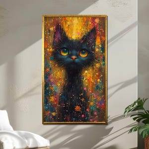 Whimsical Black Cat Canvas, Colorful Fantasy Cat Wall Art, Big Eye Kitten Print, Abstract Cat Lover Artwork, Wall Art Canvas Design