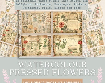 Watercolor Pressed Flowers junk journal printable kit vintage Mr Darcy's botanical ephemera download collage sheets antique blooms postcards