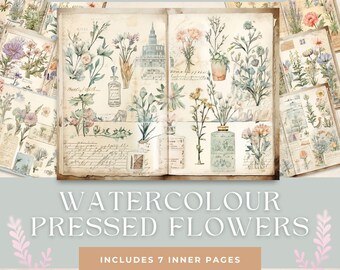 Pressed Flowers Watercolor Art Book Background Junk Journal Digital Paper 7 Double Printable Vintage Mr Darcys Notebook Collage Use 11 x 8.5
