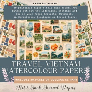 Reizen Vietnam Vintage aquarel ongewenste dagboekpagina&#39;s Clip Art schetsen Scrapbooking afdrukbare items avontuur kortstondige Azië bloemen tempels flora