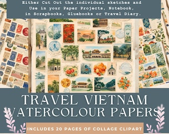 Travel Vietnam Vintage Watercolor Junk Journal Pages Clip Art Sketches Scrapbooking Printables Adventure Ephemera Asia Flowers Temples Flora