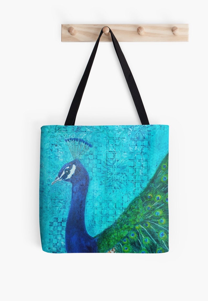 Two Sizes Available Medium 16 and Large 18 Proud as a Peacock Tote Bag Artist/'s Mixed Media Painting Design
