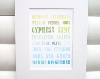 Art Print 5x7 Matted - Colourful Typography Design Blue Turquoise Yellow Green