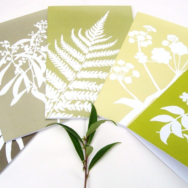 LAST SET: Botanical Cards Papercut Greetings Cards (A5) - Set of five in Green and Brown Nature Silhouette Leaf Designs