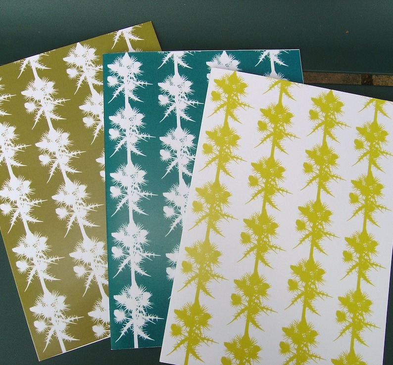 SALE: Thistles Greetings Cards  Set of Three in Lime Teal image 1