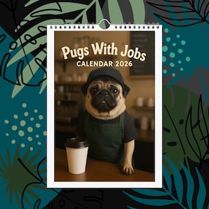 May include: A calendar titled "Pugs With Jobs Calendar 2026" features a pug wearing a barista uniform and a black cap. The pug is standing behind a counter with a coffee cup. The background shows a coffee shop setting.