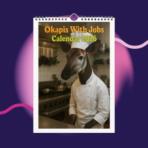 May include: A 2026 calendar featuring an okapi wearing a chef's hat and uniform, standing in a kitchen. The calendar title "Okapis With Jobs" is in orange and green text. The background shows kitchen equipment.