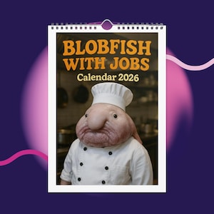 May include: A calendar titled "Blobfish With Jobs Calendar 2026" features a blobfish wearing a chef's hat and uniform. The calendar has a white border and a spiral binding at the top. The background is a kitchen setting.