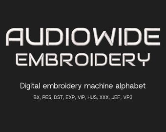 Audiowide Embroidery Font Alphabet 6 sizes bx dst exp hus jef pes vp3 xxx formats for Embroidery Machines, instant download
