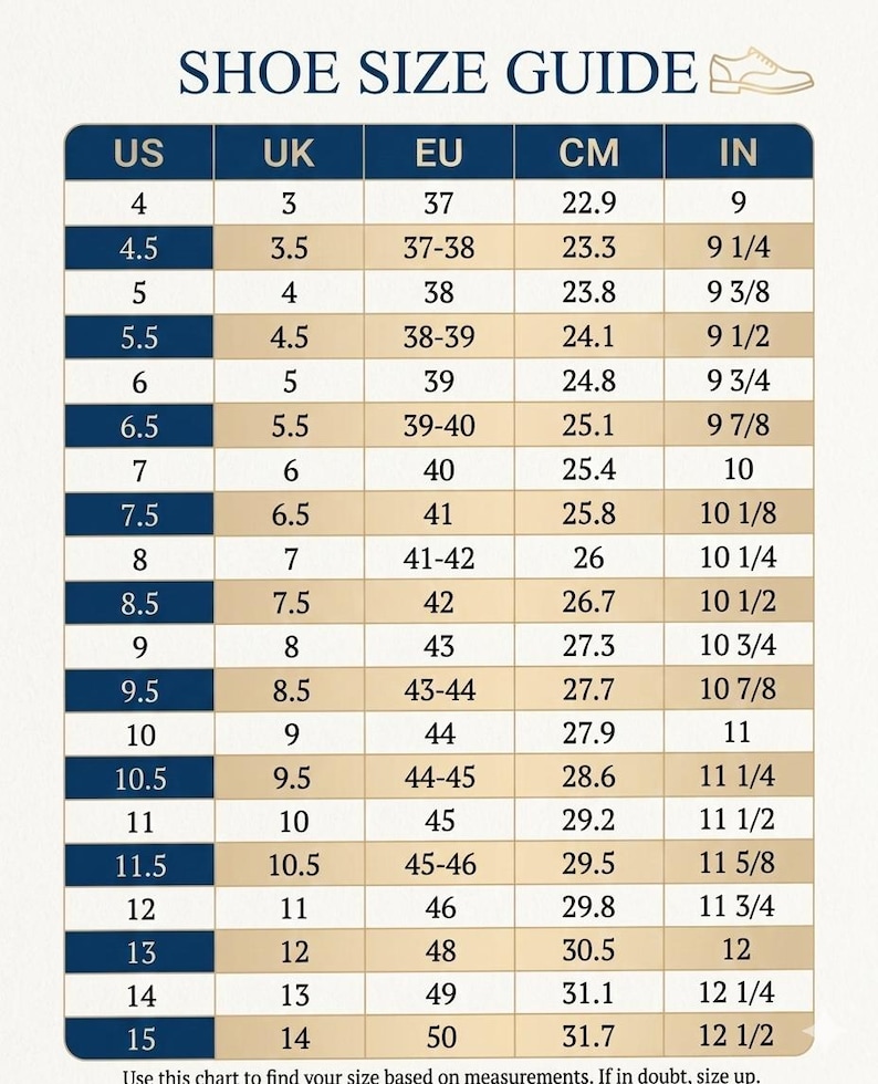 May include: A shoe size conversion chart with columns for US, UK, EU, CM (centimeters), and IN (inches). The chart lists shoe sizes from US size 4 to 15, with corresponding sizes in other systems. The text at the top reads "SHOE SIZE GUIDE".