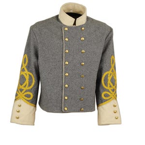 May include: A gray wool military jacket with gold braid trim on the sleeves and gold buttons. The jacket has a stand-up collar and a double-breasted closure.