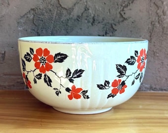 Vintage Halls Superior Mixing Bowl 1940s Red Poppy Black Floral Ceramic Bowl Cottagecore Farmhouse Baking Bowl Retro Kitchenware