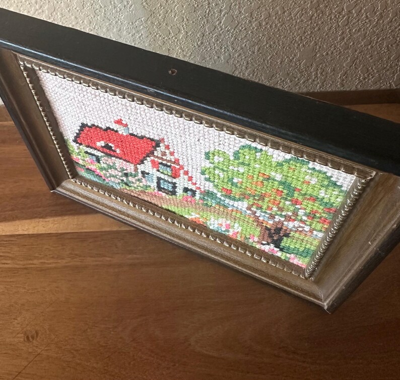 Vintage Cottage Needlepoint Framed Hand Stitched Embroidery Art ...