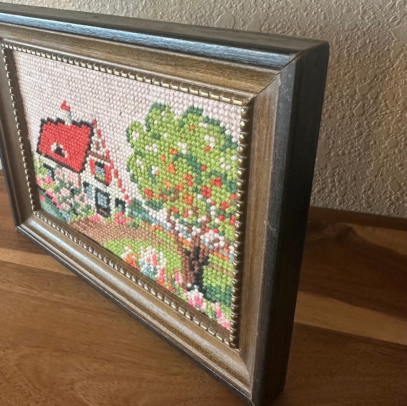 Vintage Cottage Needlepoint Framed Hand Stitched Embroidery Art ...