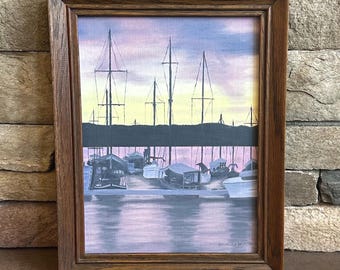 Vintage 1970s Coastal Harbor Painting Signed Shirley Wirtz Nautical Wall Art Sailboat Sunset Seascape Mid Century Framed Retro Beach Decor
