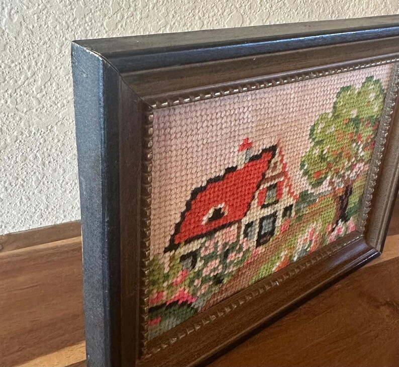 Vintage Cottage Needlepoint Framed Hand Stitched Embroidery Art ...