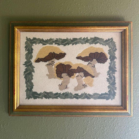 Vintage Framed Mushroom Needlepoint: Cottagecore Boho Farmhouse Wall Art (13x17")