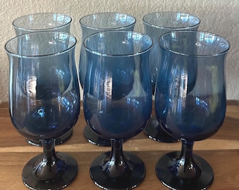 Vintage Blue Libbey Wine Glasses Mid Century Barware Retro Drinking Glass Vintage Tumblers Tulip Libbey Drinkware Cocktail Glasses Set of 6