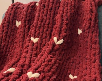 Chunky Knit Throw Blanket with Hearts - Handmade Soft Chenille Medium Throw, Cozy Decorative Blanket, Neutral Home Decor, Hand knit