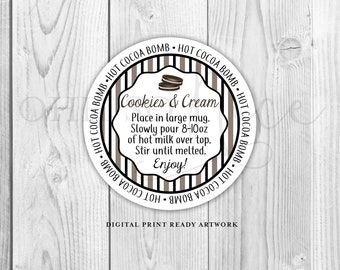 3 Sizes: Cookies and Cream Hot Chocolate Cocoa Bomb Tag w/ Instructions Instant Download, Circle Printable Tag Label, Stripes - Fits Avery
