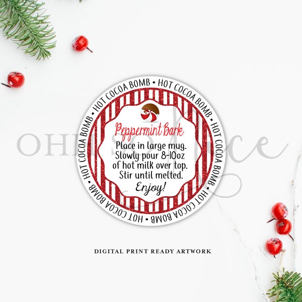 3 Sizes: Peppermint Bark Red Glitter Hot Chocolate Cocoa Bomb Tag w/ Instructions Instant Download, Circle Printable Tag Label - Fits Avery