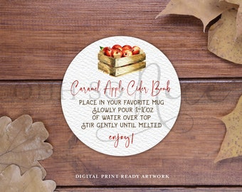3 Sizes: Caramel Apple Cider Bomb Tag Label w/ Instructions Instant Download, Circle Round Printable - Fits Avery Templates