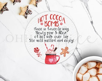 3 Sizes: 8-10oz Watercolor Peppermint Mug Hot Chocolate Cocoa Bomb Tag / Instructions Instant Download, Circle Printable Label - Fits Avery