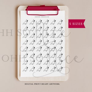 May include: A clipboard holds a white sheet with repeating black line drawings of cardinals. The clipboard has a red clip and is labeled "5 sizes". The text "DIGITAL PRINT READY ARTWORK" is at the bottom. The background is a light beige.