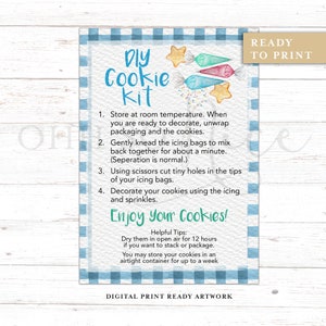 3,5" X 5" | DIY Cookie Kit blauwe geruite aquarel instructiekaart | Directe download