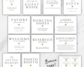 Printable Wedding Sign Bundle with Bonus Tags- Black and White and Gold Foil