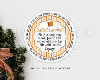 3 Sizes: Salted Caramel Hot Chocolate Cocoa Bomb Tag w/ Instructions Instant Download, Circle Printable Tag Label, Stripes - Fits Avery