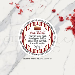 3 Sizes: Red Velvet Hot Chocolate Cocoa Bomb Tag w/ Instructions Download, Circle Printable Tag Label - Fits Avery