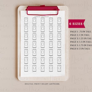 May include: A digital printable sheet with 6 different sizes of blank outline shapes. The sheet is labeled "6 Sizes" and lists the sizes of each page in inches. The text "Digital Print Ready Artwork" is at the bottom of the sheet.