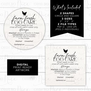 TAG: 3 Sizes 2 Shapes Fits Avery template | Egg Care Instructions | Simple | Room for Gathered Date and circle wash or unwashed