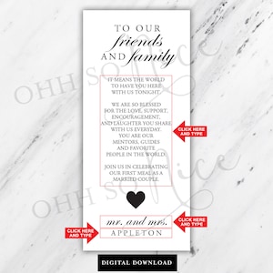 Druckbare und befüllbare Hochzeitstisch-Dankeskarte - Bearbeiten in Adobe PDF - Klassisch schwarz-weiß mit Herz