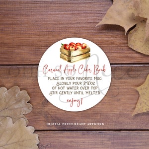 3 Sizes: Caramel Apple Cider Bomb Tag &quot;hot&quot; water white background Label w/ Instructions Instant Download, Printable - Fits Avery Templates