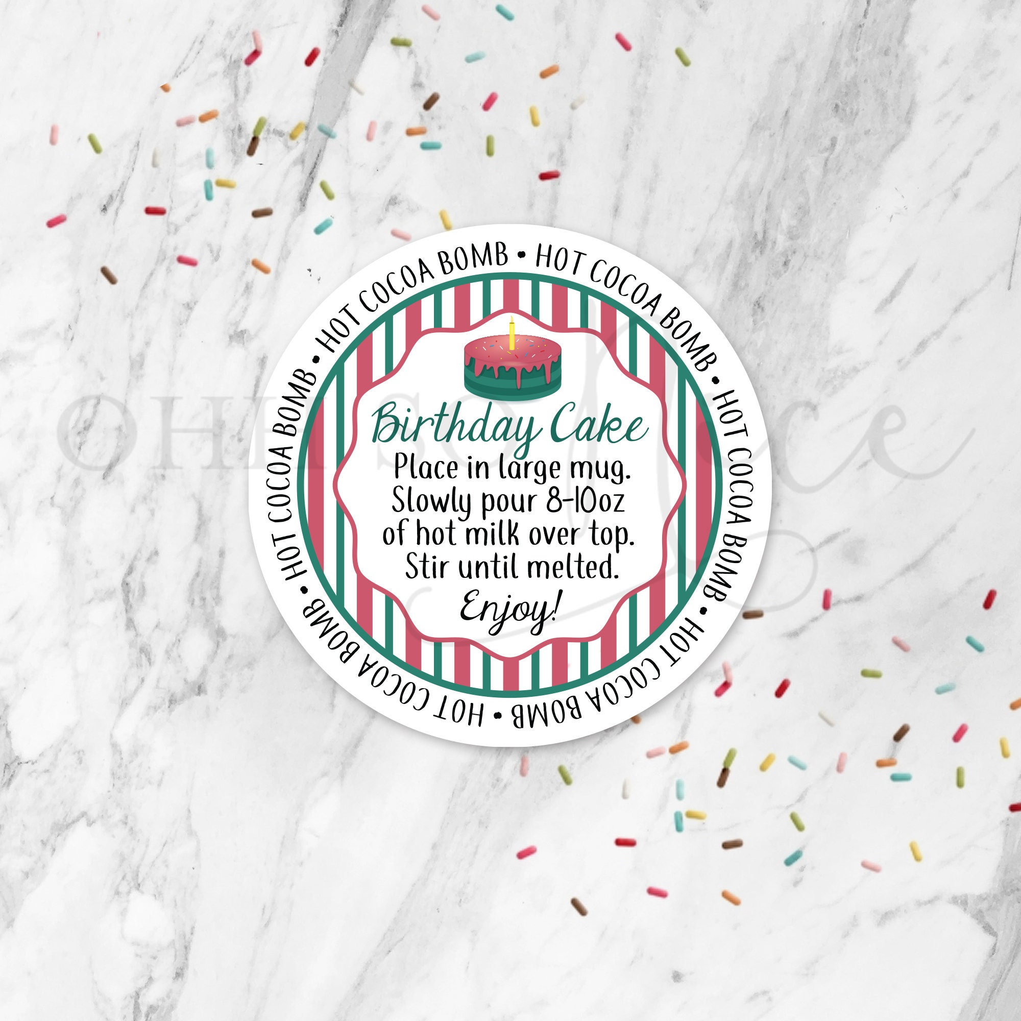 3 Sizes: Birthday Cake Hot Chocolate Cocoa Bomb Tag w/ Instructions Instant Download, Circle Printable Tag Label, Stripes - Fits Avery