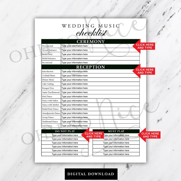 Printable and Fillable Wedding Music List for ceremony and reception or DJ - Edit in Adobe PDF