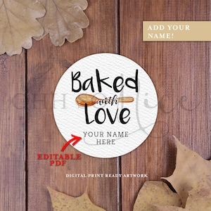 5 cm Rund | Gebacken mit Liebe Aquarell mit Holzlöffel | Bearbeitbar - Bearbeiten Sie Ihre eigene PDF-Sofortdownload - passt Avery
