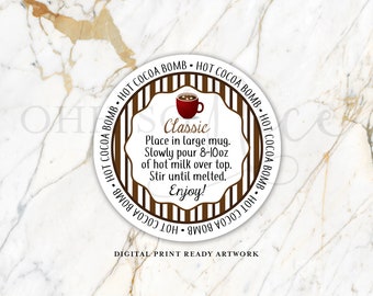 3 Sizes: Classic Hot Chocolate Cocoa Bomb Tag w/ Instructions Instant Download, Circle Printable Tag Label, Stripes - Fits Avery