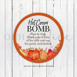 3 tamaños: Cosecha de otoño Calabaza Naranja Acuarela Chocolate caliente Cacao Bomba Etiqueta con instrucciones Descargar Etiqueta impresa - Se adapta a la etiqueta Avery