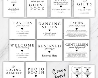 Printable Wedding Sign Bundle with Bonus Tags- Black and White