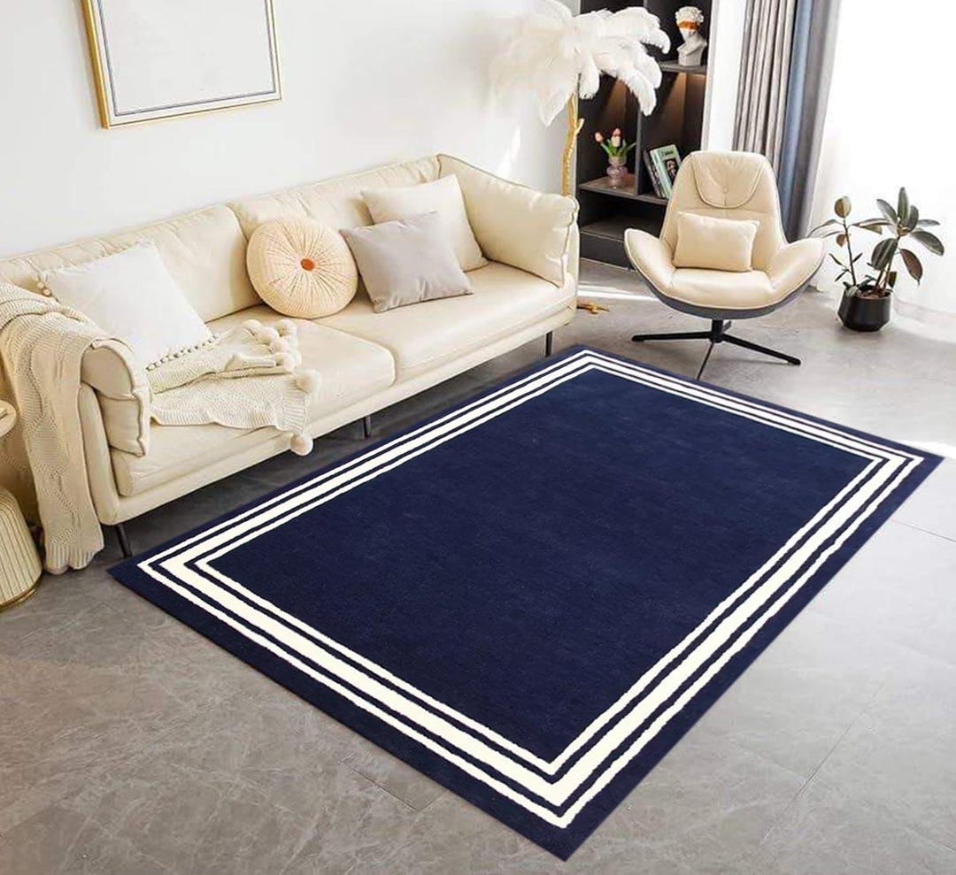 Handmade Tufted Wool Area Rug: Navy Blue Border Design - Etsy