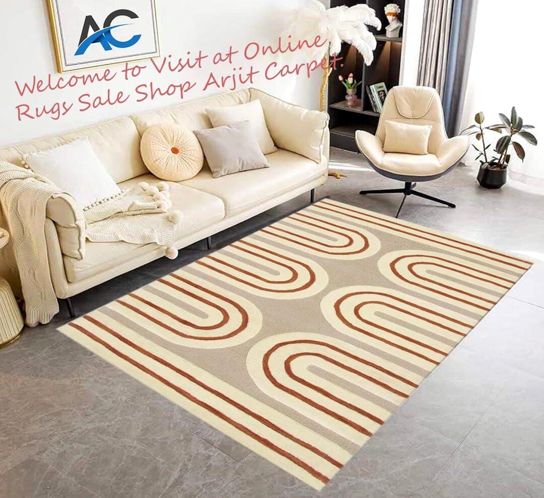 Striped Handmade Tufted Rugs New Zealand Woollen Yarn for Living Room ...