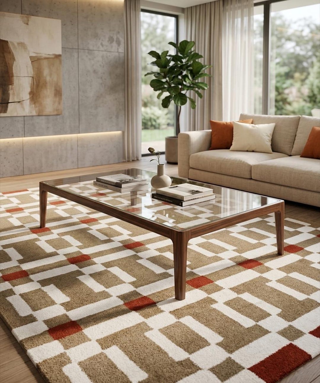 White Geometric Patterned Rug Handmade Tufted Modern Geometric Pattern Rugs, Blended Yarn, Cut Pile ...