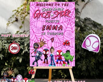 Cartel de bienvenida de cumpleaños de Ghost Spider - Póster personalizado para fiesta de Ghost Spider
