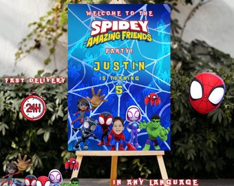 Cartel de bienvenida de cumpleaños de Spidey y sus increíbles amigos - Póster personalizado para fiesta de Spider-Man