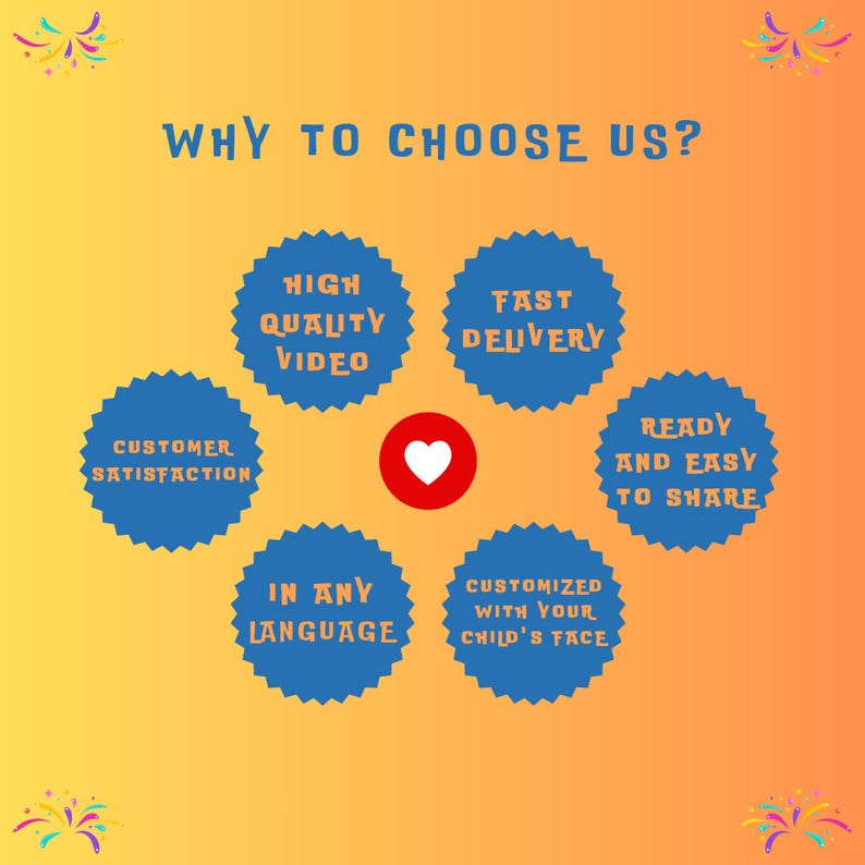 Puede incluir: Gr&aacute;fico naranja y amarillo con el texto "WHY TO CHOOSE US?" y estrellas azules con texto como "V&Iacute;DEO DE ALTA CALIDAD" y "ENTREGA R&Aacute;PIDA". Un c&iacute;rculo rojo con un coraz&oacute;n blanco en el centro.