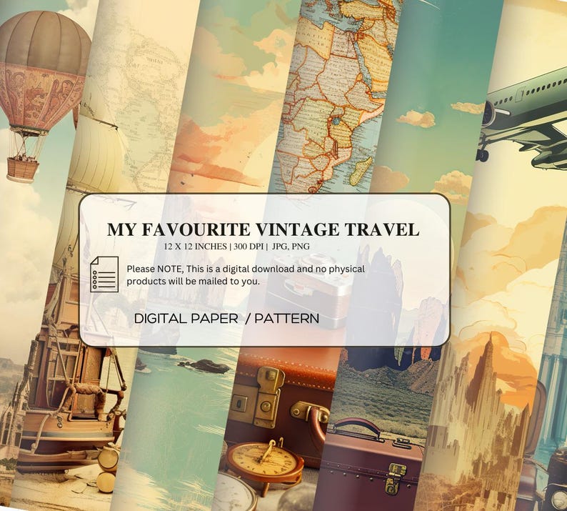 Pu&ograve; includere: Un pacchetto di carta digitale con illustrazioni a tema viaggio vintage. Il pacchetto include immagini di una mongolfiera, una mappa, una valigia, una bussola e un aereo. Il testo "MY FAVOURITE VINTAGE TRAVEL" &egrave; visualizzato sul pacchetto di carta.