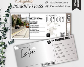 London Boarding Pass Template, Travel Ticket Invitation, Editable Canva Ticket, Surprise Trip Gift, Printable Boarding Pass, Vacation Reveal